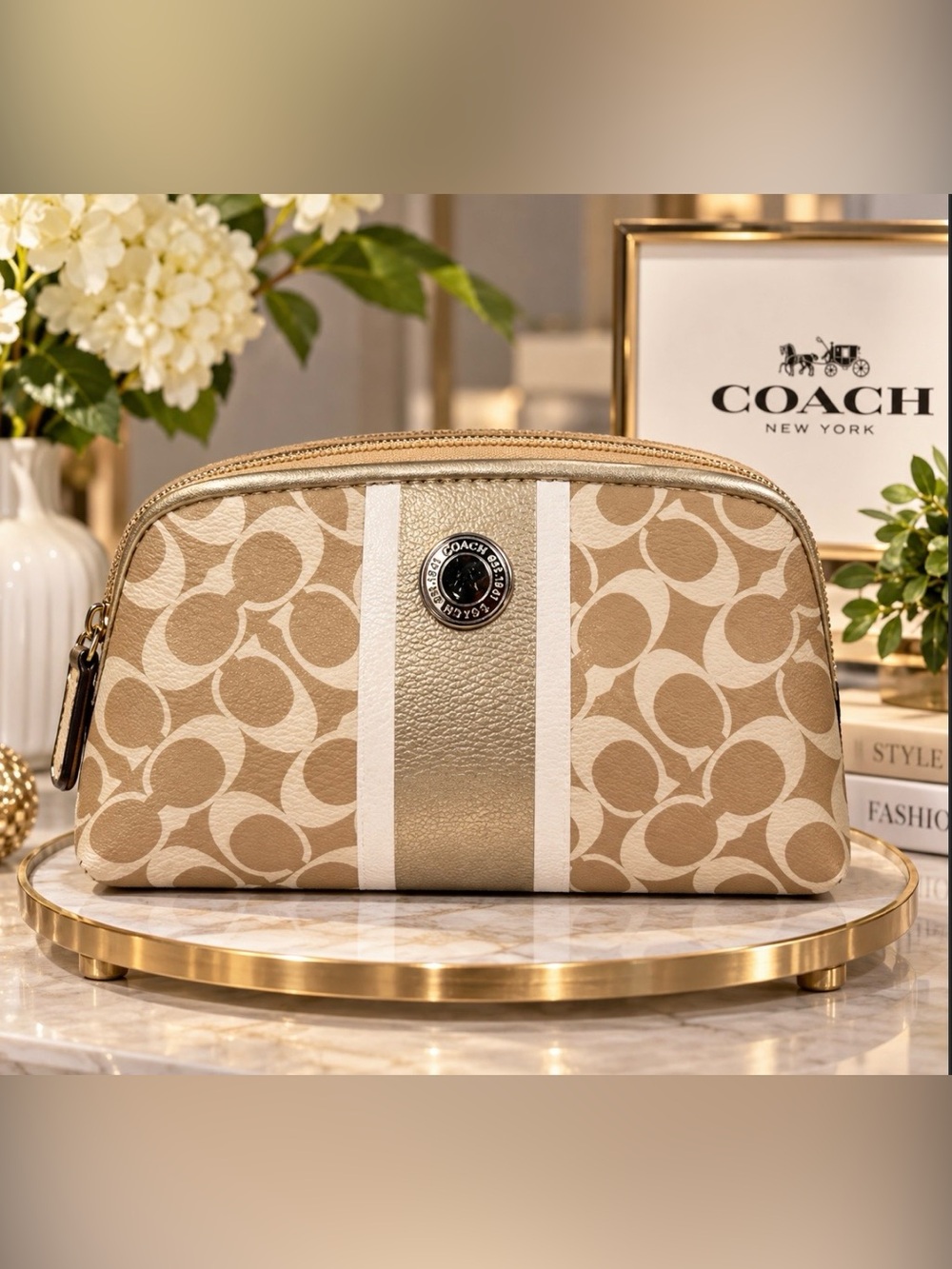Coach Heritage Stripe/Chelsea Signature Canvas Cosmetic Pouch in Tan and Cream